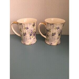 ND EXCLUSIVE PURPLE  IVORY AND GOLD FLORAL COFFE TEA MUGS /CUPS GOLD TRIM